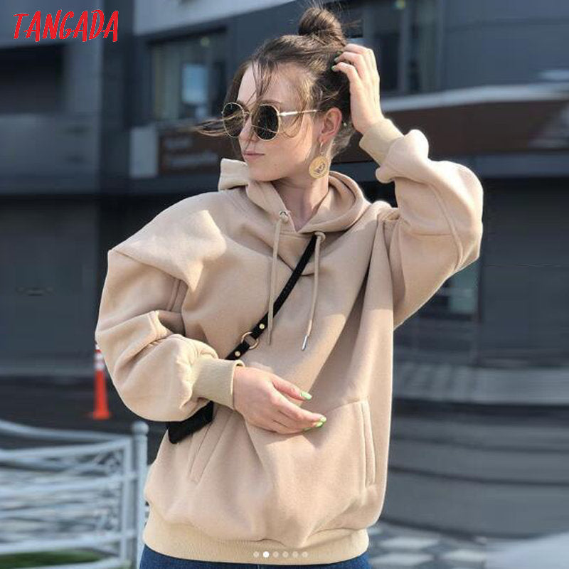 Tangada women fleece hoodie sweatshirts winter japanese fashion 2020 oversize ladies pullovers warm pocket hooded jacket SD60