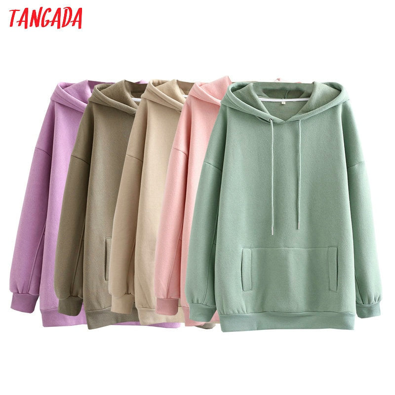 Tangada women fleece hoodie sweatshirts winter japanese fashion 2020 oversize ladies pullovers warm pocket hooded jacket SD60