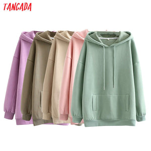 Tangada women fleece hoodie sweatshirts winter japanese fashion 2020 oversize ladies pullovers warm pocket hooded jacket SD60