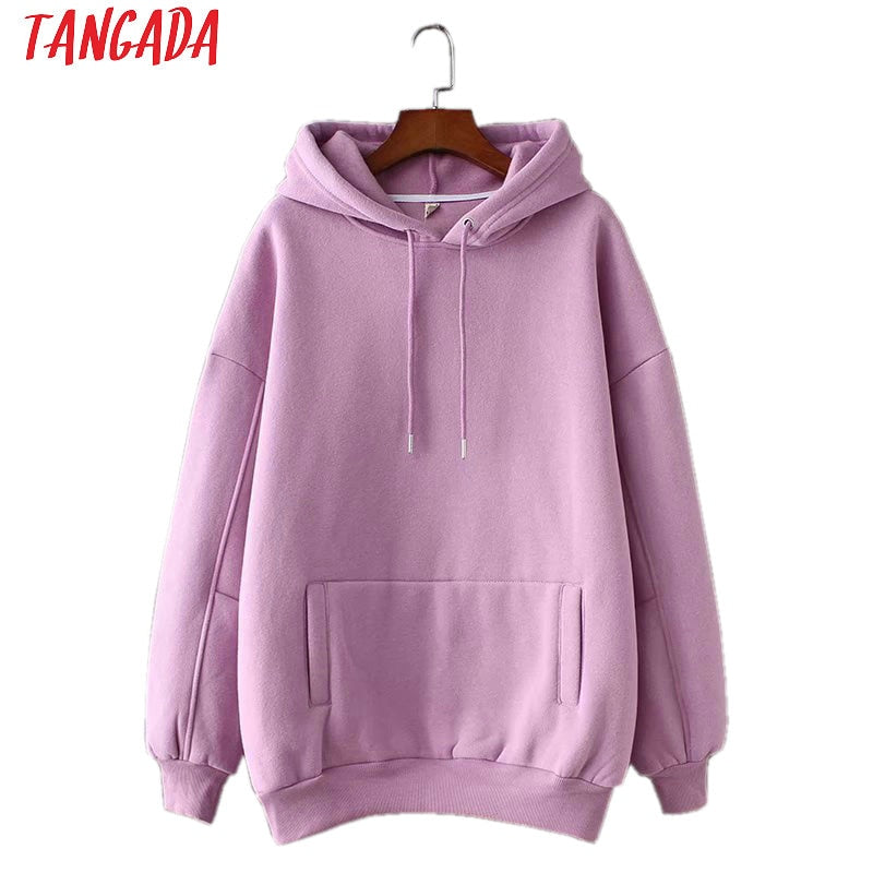 Tangada women fleece hoodie sweatshirts winter japanese fashion 2020 oversize ladies pullovers warm pocket hooded jacket SD60